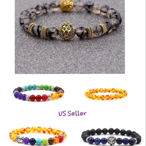 Men's Women Lava Tiger Eye Stone Lion Buddha Beaded Elastic Bracelet Bangle - Picture 1 of 52