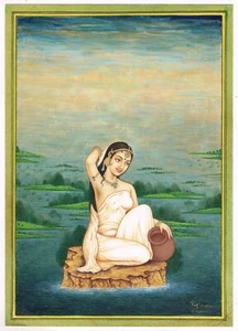 Hand Miniature Painting Of Indian Woman With Water Pot On Paper 8.25x11.5 Inches - Picture 1 of 7
