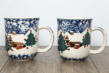 Folkcraft By Tienshan Stoneware - Cabin In The Snow Spongeware Mug - Set Of 2