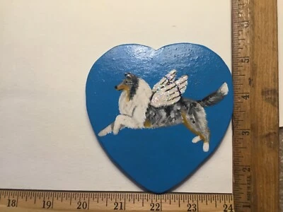 Hecho a mano de madera pintado a mano AZUL MERLE ÁSPERO COLLIE ángel con alas adorno Foto 1 de 4