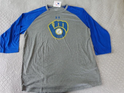 Milwaukee Brewers Men's 3/4 Sleeve T- Shirt Gray & Blue Under Amour NEW TAGS XL Cover