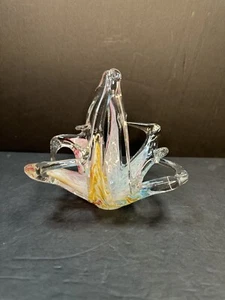 VTG Art Glass Hand Blown RAINBOW SWIRL Trinket / Candy Dish Basket - Picture 1 of 11