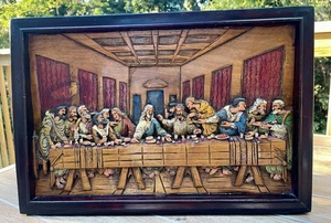 Vtg Antique Hand Carved Wood Wall Plaque-Last Supper 3D Portrait Jesus Disciples - Picture 1 of 12