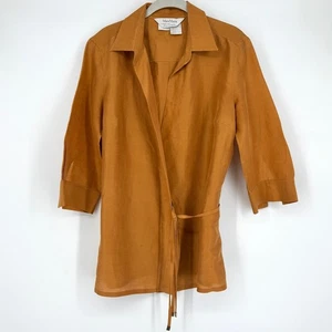 Top túnica envolvente MaxMara mezcla de seda EE. UU. 10 lazo cintura hecho en Italia dorado mostaza - Imagen 1 de 19