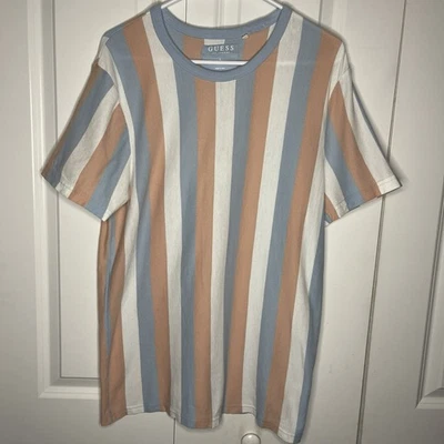 Guess Los Angeles Knit Tee Pastel Stripe Size Large Cotton Blue White Peach Mens - Image 1 of 4
