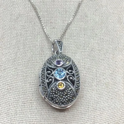 Sterling Silver 925 Marcasite & Simulated Gemstone Locket Necklace 26" Y1406 - Image 1 of 4