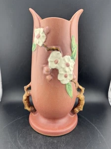 RAR ~ Roseville Apfelblüte Vintage Keramik Vase, Form 389-10, korallenrosa - Bild 1 von 16