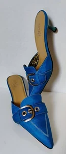 VTG 90's Rouge "Tai Silk" Turquoise Pointed Toe Silver Buckle Mules 7 1/2 - Picture 1 of 17