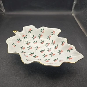 Piatto caramelle vintage Lefton dipinto a mano Leah Holly bordo oro 02538 Natale 6" x 4" - Foto 1 di 11