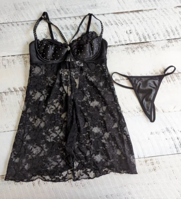Juego Babydoll Blingy Negro Vintage Seduction by Frederick’s of Hollywood Talla S Foto 1 de 4