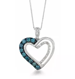 3/8 cttw Blue and White Diamond Heart 925 Sterling Silver Pendant - Picture 1 of 6