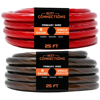 BEST CONNECTIONS 8 Gauge Black & Red Translucent Cable Power & Ground 50ft Total
