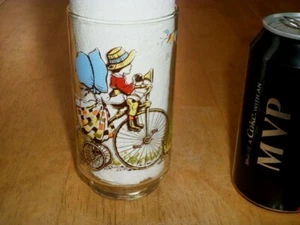 LITTLE BOY & GIRL RIDING A TRICYCLE, Clear Colored Drink Glass / Cup, VINTAGE - Picture 1 of 9