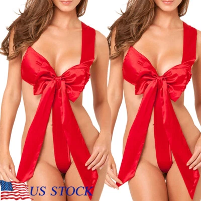 Women Lady Satin Bow Teddy Babydoll Ribbon Big Bowknot Lace Underwear Christmas - Image 1 of 4