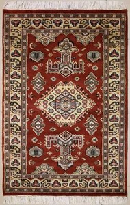 Alfombra roja de diseño caucásico Rugstc 3x5, anudada a mano, geométrica con seda/lana - Imagen 1 de 5