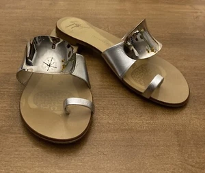 GIUSEPPE ZANOTTI~SILVER Leather Sandals Silver Plate Jewel Toe Ring 36 ITALY - Picture 1 of 16