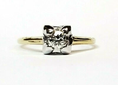 Anillo de compromiso vintage de oro amarillo de 14 k con diamantes de 0,16 quilates talla europea 6 1/2 Foto 1 de 4