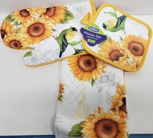 3 pc KITCHEN SET:1POT HOLDER,1OVEN MITT,1MICROFIBER TOWEL,SUNFLOWERS & BIRD,K&Co - Picture 1 of 12