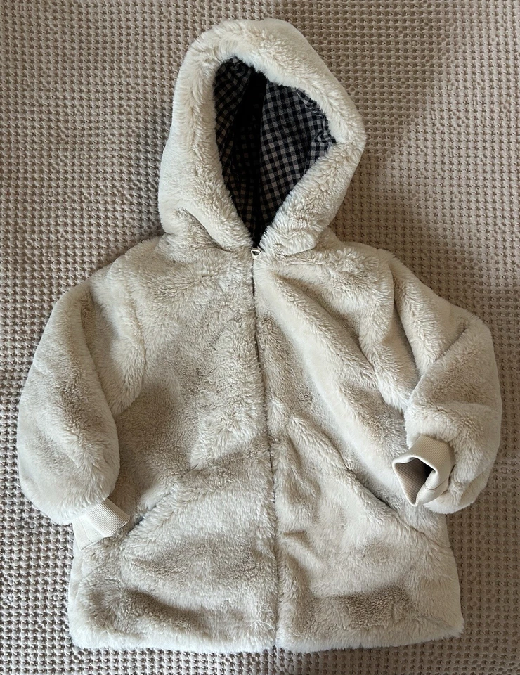 Zara Girl Faux Fur Hooded Jacket With Gingham Lining Size 4-5 Years  - Image 1 of 4