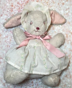 Vintage weißer Hase Kaninchen Plüsch Stofftier 12 Zoll rosa Schleife Blumen Ostern Kleid Haube - Bild 1 von 8