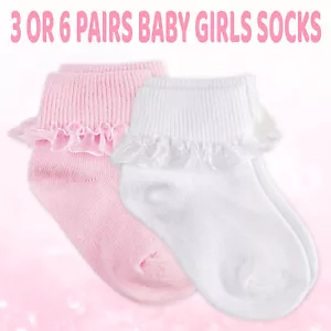 Newborn Baby Girls 3 6 Pairs Ruffle Frilly Lace Ankle Socks Turn Over Top Tutu - Picture 1 of 11