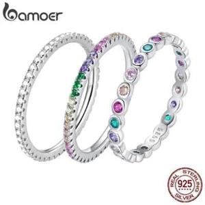 Rainbow Ring Stackable Style for Women Silver Tone Full Zircon Bezel Design Band - Picture 1 of 11