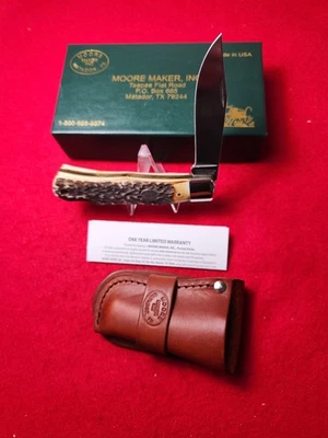 Cuchillo trampero grande Moore Maker EE. UU. 6106 LB hoja única bloqueo ciervo genuino Foto 1 de 4