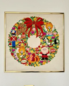 Vtg 70s Crewel Embroidery Christmas Wreath Fantasy Sunset Completed 16" Framed - Picture 1 of 12