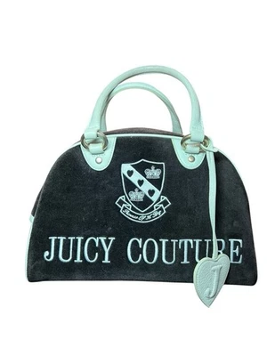 Bolso Bowler Juicy Couture Terciopelo Raro De Colección Y2K Negro Con Borde Azul Aqua Foto 1 de 4