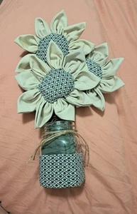 Handcrafted Fabric Flower Arrangement in Cream and Blue 15" Tall - Picture 1 of 4