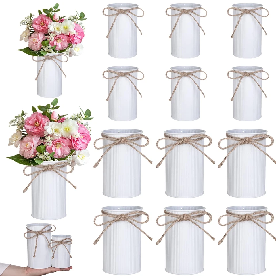 12 Pcs High Farmhouse Vase Decor 2 Sizes Metal Flower Vases White Iron Rustic... - Image 1 of 4