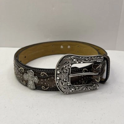 Cinturón de cuero Ariat para mujer Blingy Cross Western hebilla plateada pedrería L Foto 1 de 4