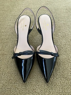 KATE SPADE SIBELLE BLACK PATENT LEATHER SLINGBACK KITTEN HEEL PUMP CLASSY Sz 6.5 - Image 1 of 4
