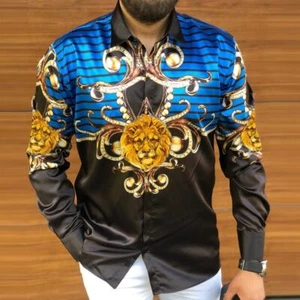 Nuevas camisas ajustadas de manga larga con estampado de león vintage para hombre ropa de calle con solapa nuevas EE. UU. - Imagen 1 de 19