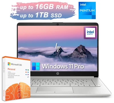 HP Laptop Computer 14 HD 4-Core Intel Pentium Upto16GB RAM 1TB SSD WinPro MS 365 - Image 1 of 4