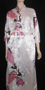 Elegant Peacock Silk Satin Kimono Robe Sleepwear Long w/ Waist Tie, White - Picture 1 of 3