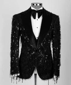 Elegante Lentejuelas Bordadas Esmoquin Hombres Trajes Prendas de vestir Set Boda Fiesta Banquete - Imagen 1 de 23