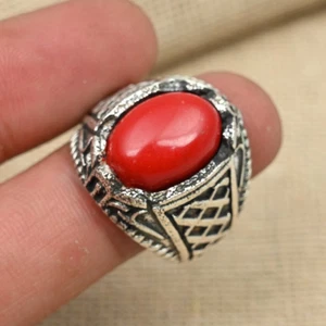 Red Coral Stone Solid 925 Silver Handmade &Statement Men's Birthday Ring MS127 - Picture 1 of 4