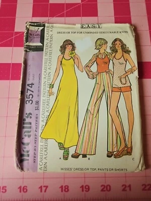 Vtg McCalls Pattern 3574 Hippie Era Maxi Halter Top Dress Wide Pants Size 10 CUT - Image 1 of 4