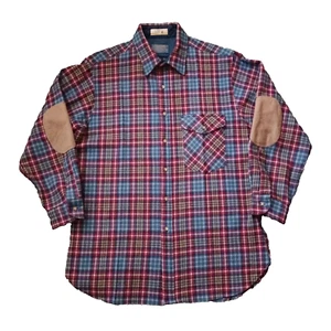 Vintage Pendleton Lobo Shirt Mens Large Red Plaid Trail Elbow Patch Wool USA 70s - Picture 1 of 17