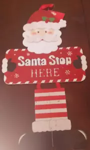Santa Stop Here Hanging Christmas/Holiday Sign-Red/White-Brand New-SHIPS N 24 HR - Picture 1 of 3