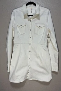Free People Ivory Dynomite Denim Snap Button Front shirt Dress Size Large - Picture 1 of 8
