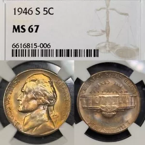 MS67 1946-S 5C Jefferson Nickel, NGC Certified- Pretty Rainbow Toned - Picture 1 of 9