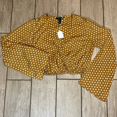 Women’s Forever 21 Mustard Polka Dot Bell Long Sleeve Crop Top Size Small - Image 1 of 4
