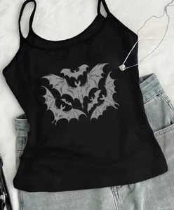 black cropped cami top with grey bat print- size XL - goth alternative Halloween - Picture 1 of 3