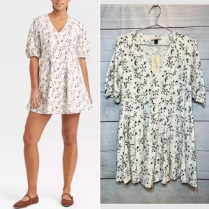 🌼 Universal Thread - Bell Puff Sleeve Mini A-Line Godet Dress White Floral - S - Picture 1 of 8
