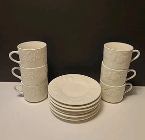 TABLETOPS UNLIMITED NATURE SET OF 6 CUPS & 6 SAUCERS EMBOSSED FRUIT  WHITE  - Picture 1 of 9
