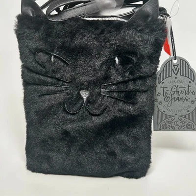 Camiseta e jeans rosto de gato bolsa tiracolo pele sintética bordada com zíper preta nova com etiquetas - Imagem 1 de 4