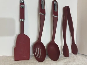 KitchenAid Silicone Cooking Utensils Slotted Spoon Turner Tongs 4 Piece Set Red! - Picture 1 of 18