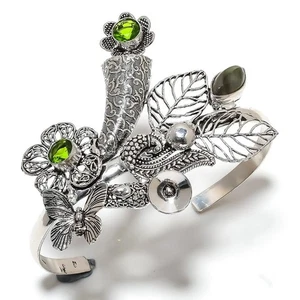 Labradorite, Peridot Gemstone 925 Sterling Silver Cuff Bangle Adjustable P790 - Picture 1 of 4